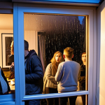 **Prompt:** A crowded apartment viewing in Oslo, Norway. People are packed into a small, modern apartment, looking stressed and anxious. Rain streaks down the window, reflecting the city lights. The scene captures the competitive and difficult housing market in Norway. Focus on conveying a sense of anxiety and limited space.