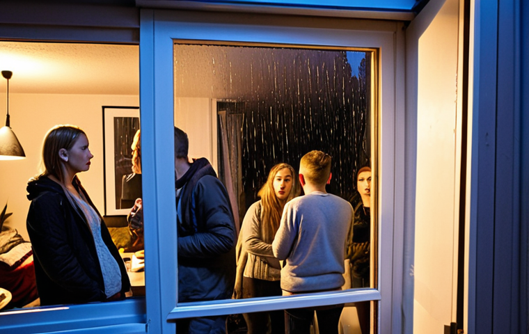 **Prompt:** A crowded apartment viewing in Oslo, Norway. People are packed into a small, modern apartment, looking stressed and anxious. Rain streaks down the window, reflecting the city lights. The scene captures the competitive and difficult housing market in Norway. Focus on conveying a sense of anxiety and limited space.