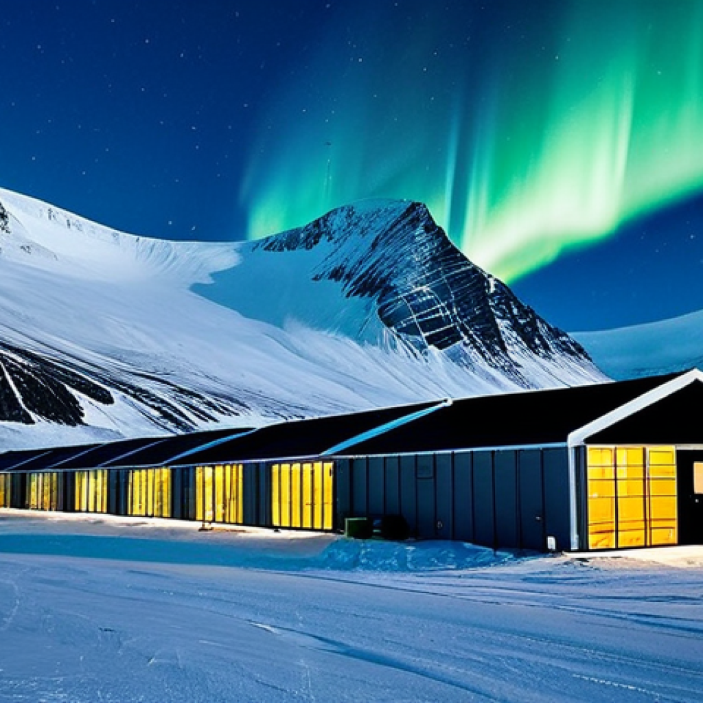 Arctic Research Station**
"A modern Arctic research station nestled amongst snow-covered mountains, Svalbard, Norway. Scientists in fully clothed, professional winter gear are working outside with scientific instruments. In the background, the Northern Lights shimmer across the night sky. Safe for work, appropriate content, fully clothed, perfect anatomy, correct proportions, realistic, high quality."
**