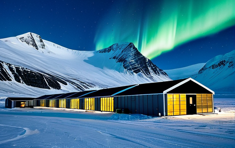 Arctic Research Station**
"A modern Arctic research station nestled amongst snow-covered mountains, Svalbard, Norway. Scientists in fully clothed, professional winter gear are working outside with scientific instruments. In the background, the Northern Lights shimmer across the night sky. Safe for work, appropriate content, fully clothed, perfect anatomy, correct proportions, realistic, high quality."
**