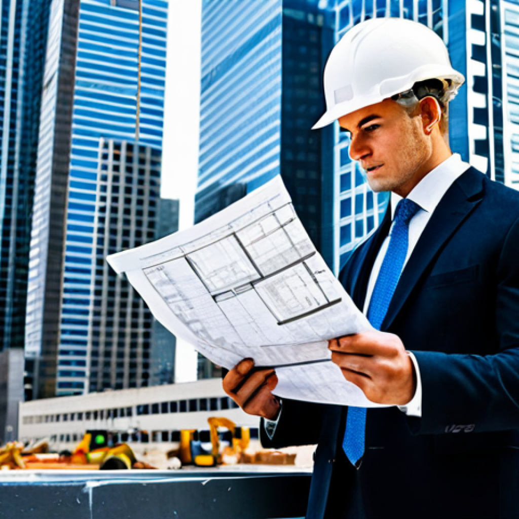 "A professional architect, fully clothed in a stylish yet modest outfit, reviewing blueprints on a construction site in downtown Manhattan. Skyscrapers in the background. Perfect anatomy, correct proportions, well-formed hands, appropriate attire, safe for work, professional, high quality."