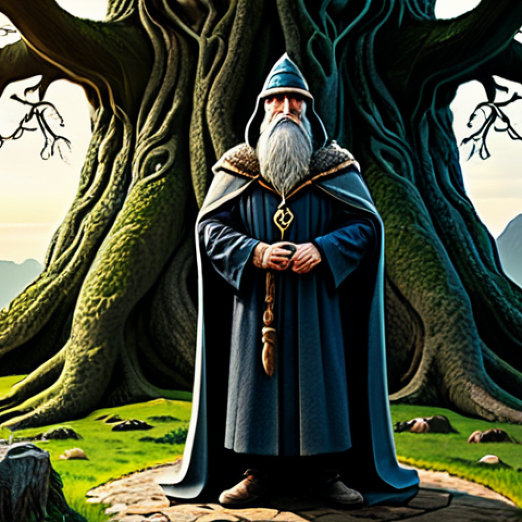 노르웨이와 북유럽 신화 - **Image Prompt:** "Odin the Allfather, depicted as a wise wanderer in a cloak and hat, standing near...
