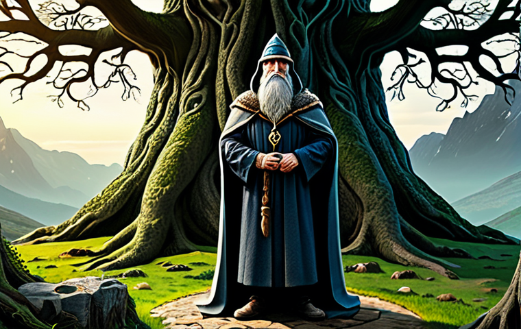 노르웨이와 북유럽 신화 - **Image Prompt:** "Odin the Allfather, depicted as a wise wanderer in a cloak and hat, standing near...