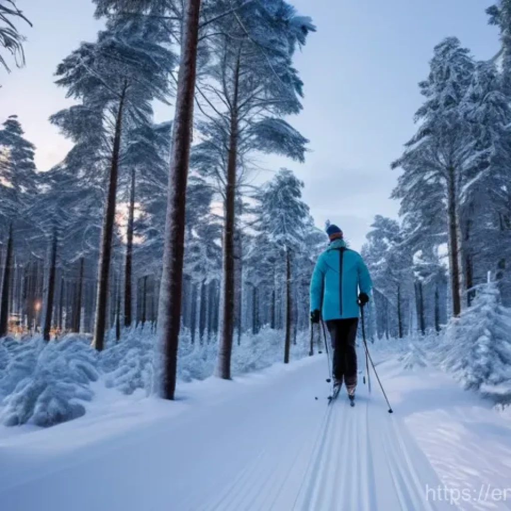 노르웨이에서 즐기는 겨울 스포츠 - **Prompt:** A serene, wide-angle shot of an adult person cross-country skiing along a well-groomed, ...