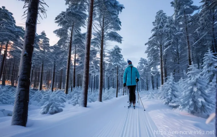 노르웨이에서 즐기는 겨울 스포츠 - **Prompt:** A serene, wide-angle shot of an adult person cross-country skiing along a well-groomed, ...
