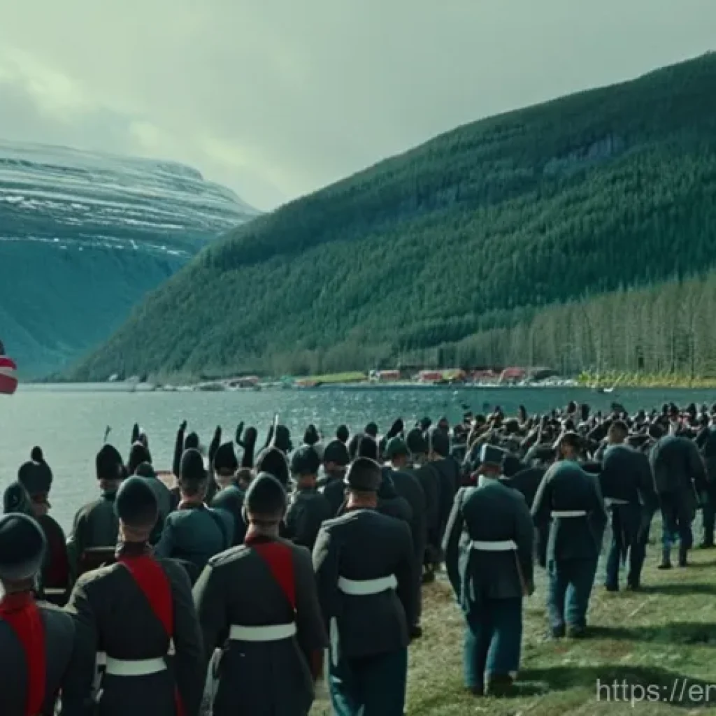 노르웨이 제2차 세계대전 영향 - A cinematic shot depicting the initial moments of the German invasion of Norway on April 9,