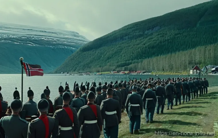 노르웨이 제2차 세계대전 영향 - A cinematic shot depicting the initial moments of the German invasion of Norway on April 9,