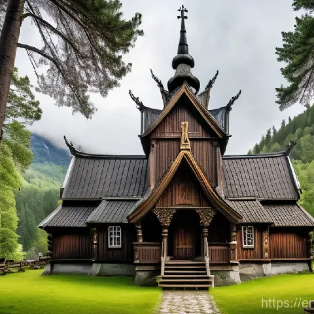 노르웨이 전통 목조 건축 - **A Majestic Stave Church in a Serene Landscape**
"A majestic, intricately carved Norwegian stav...