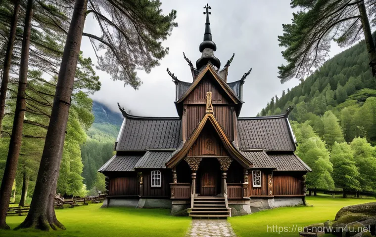 노르웨이 전통 목조 건축 - **A Majestic Stave Church in a Serene Landscape**
"A majestic, intricately carved Norwegian stav...