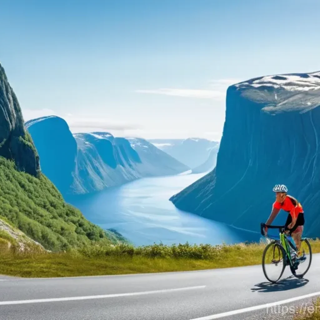 노르웨이에서의 자전거 여행 - **Prompt:** A lone cyclist on a state-of-the-art gravel bike, dressed in comfortable and appropriate...