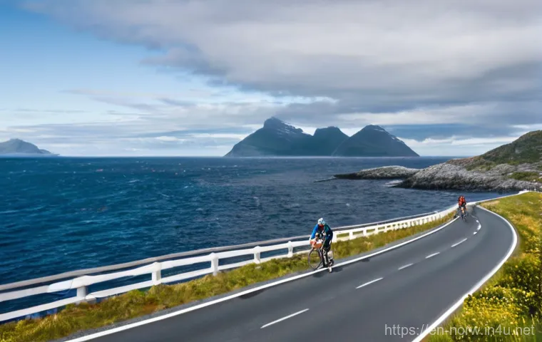 노르웨이에서의 자전거 여행 - **Prompt:** A lone cyclist on a state-of-the-art gravel bike, dressed in comfortable and appropriate... 노르웨이에서의 자전거 여행 - **Prompt:** A lone cyclist on a state-of-the-art gravel bike, dressed in comfortable and appropriate...