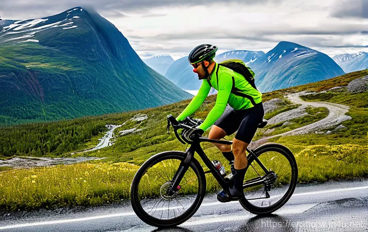 노르웨이에서의 자전거 여행 - **Prompt:** An experienced cyclist, wearing a full cycling kit including a helmet, waterproof jacket... 노르웨이에서의 자전거 여행 - **Prompt:** An experienced cyclist, wearing a full cycling kit including a helmet, waterproof jacket...