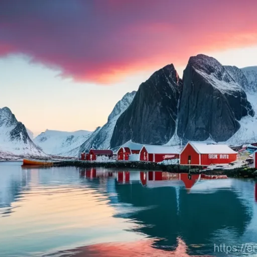 노르웨이의 베스트 드라이브 루트 - **Lofoten Rorbuer at Golden Hour**
A wide, cinematic shot of traditional Norwegian *rorbuer* (re...