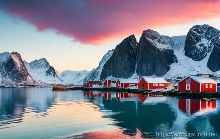 노르웨이의 베스트 드라이브 루트 - **Lofoten Rorbuer at Golden Hour**
A wide, cinematic shot of traditional Norwegian *rorbuer* (re...