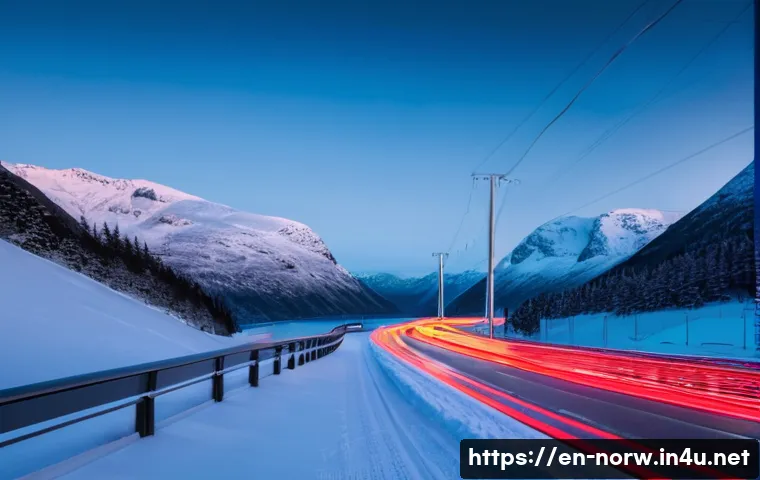 노르웨이 교통 사고 및 안전 대책 - **Prompt:** A serene, slightly snowy Norwegian mountain road at dusk. The road is impeccably maintai...