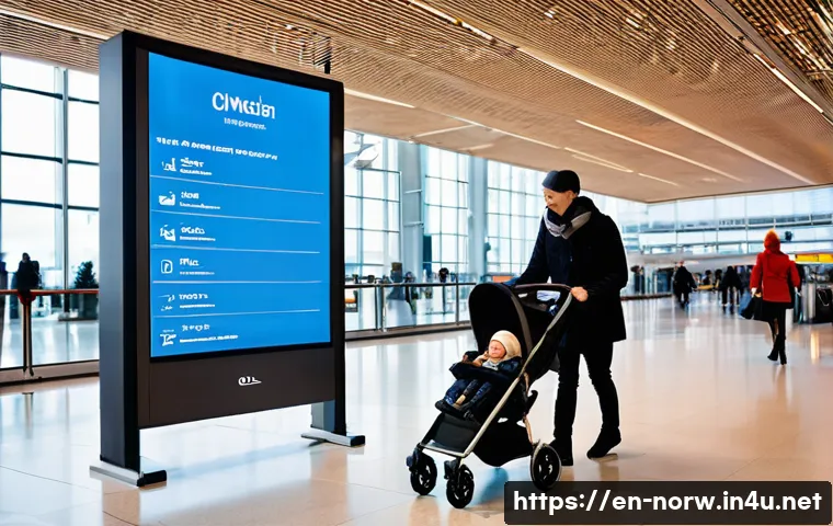 노르웨이 공항 및 항공편 정보 - **Prompt:** A bustling, modern interior of Oslo Airport (OSL) during the day. Travelers of diverse a...