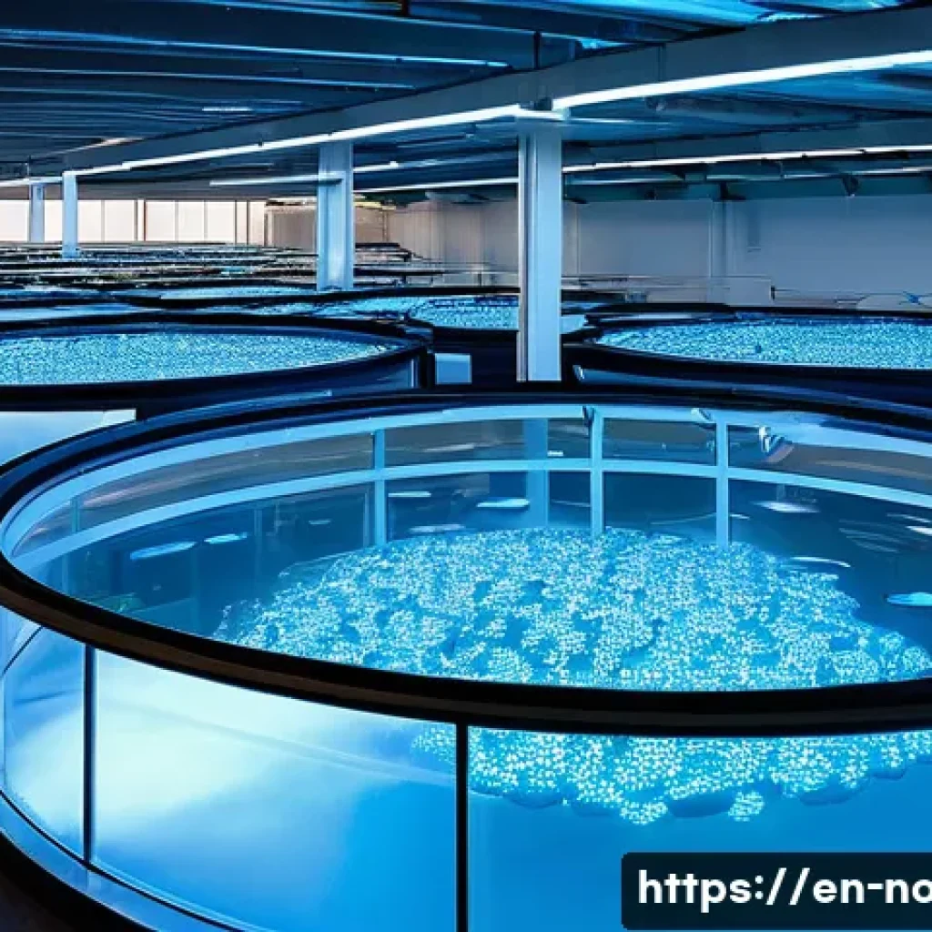 노르웨이 어업과 수산업 현황 - A high-tech indoor recirculating aquaculture system (RAS) facility in Norway, showing large circular...