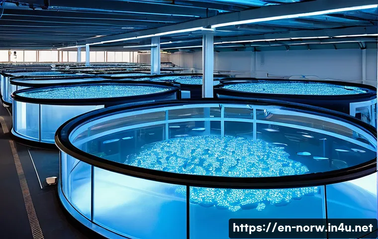 노르웨이 어업과 수산업 현황 - A high-tech indoor recirculating aquaculture system (RAS) facility in Norway, showing large circular...