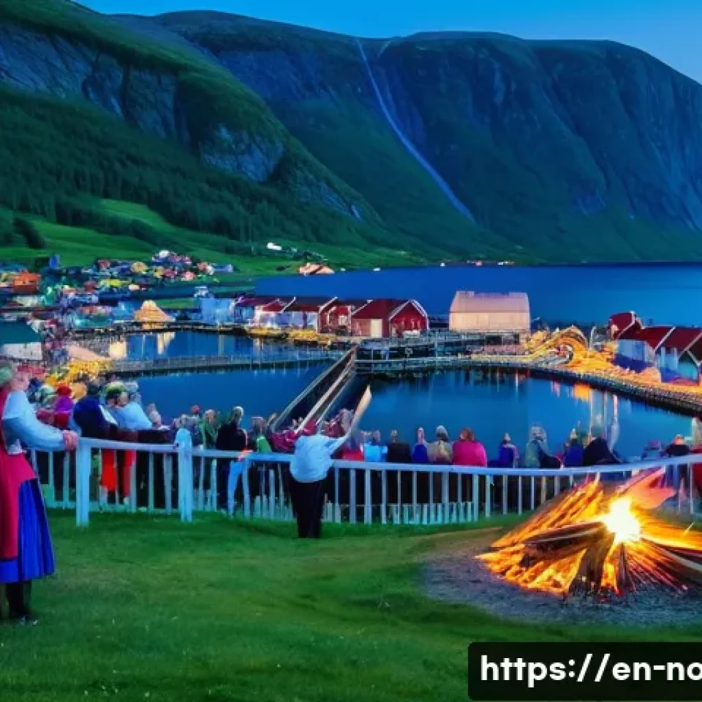 노르웨이 전통 축제 - A vibrant midsummer night festival scene in a Norwegian coastal village, featuring a large bonfire g...