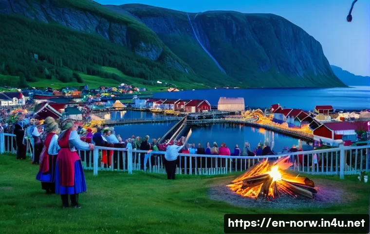 노르웨이 전통 축제 - A vibrant midsummer night festival scene in a Norwegian coastal village, featuring a large bonfire g...