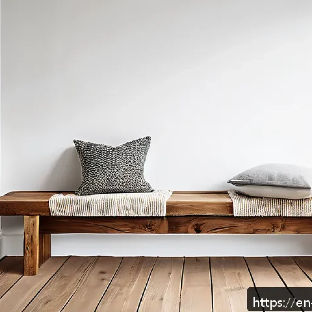 노르웨이의 전통 목공예 기술 - A cozy Scandinavian interior featuring a handcrafted wooden bench with visible natural knots and gra...