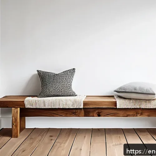 노르웨이의 전통 목공예 기술 - A cozy Scandinavian interior featuring a handcrafted wooden bench with visible natural knots and gra...
