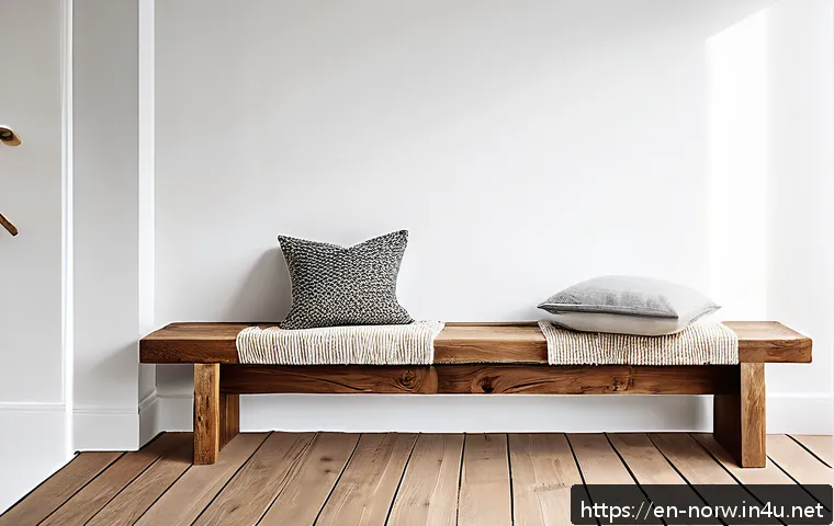 노르웨이의 전통 목공예 기술 - A cozy Scandinavian interior featuring a handcrafted wooden bench with visible natural knots and gra...