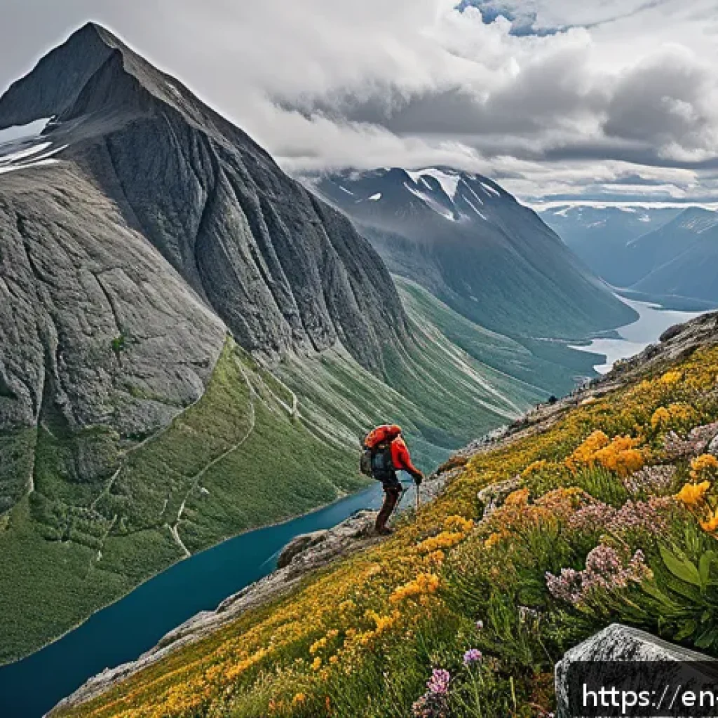 노르웨이 산악 등반 명소 - A rugged Norwegian mountain climber ascending a steep granite wall near the Jotunheimen range, weari...