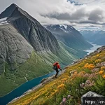 노르웨이 산악 등반 명소 - A rugged Norwegian mountain climber ascending a steep granite wall near the Jotunheimen range, weari...