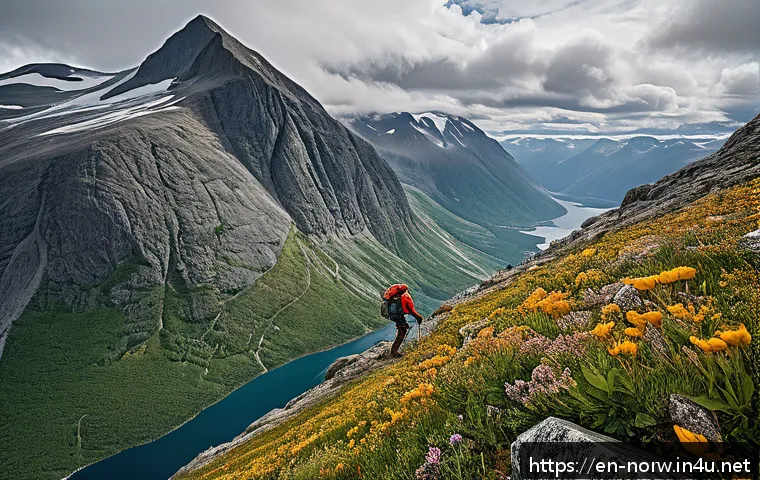 노르웨이 산악 등반 명소 - A rugged Norwegian mountain climber ascending a steep granite wall near the Jotunheimen range, weari...