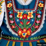 노르웨이의 전통 공예품 - A detailed close-up of a traditional Norwegian bunad featuring intricate embroidery, showcasing deli...