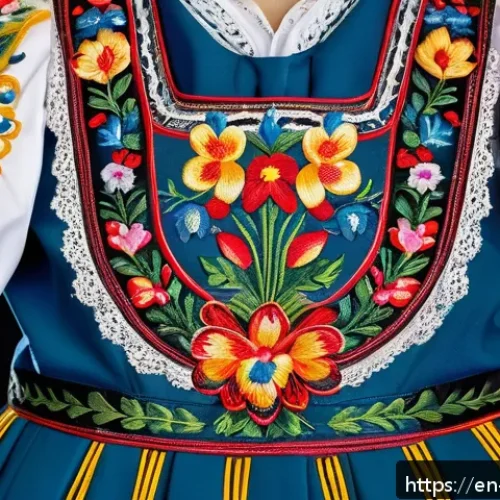 노르웨이의 전통 공예품 - A detailed close-up of a traditional Norwegian bunad featuring intricate embroidery, showcasing deli...