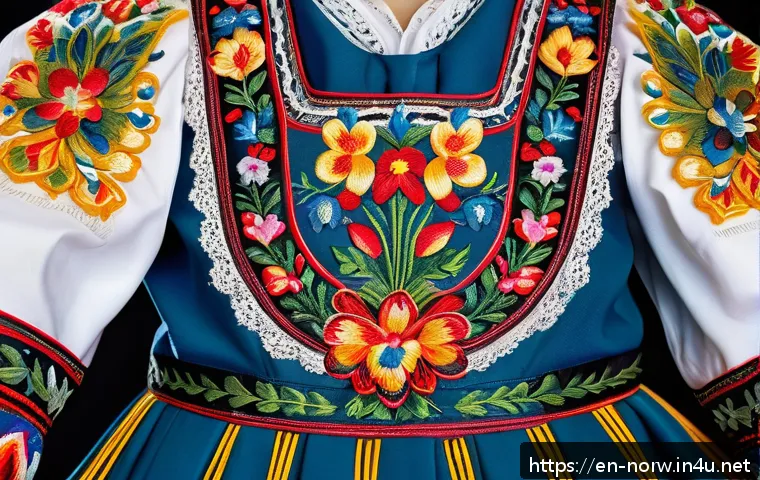 노르웨이의 전통 공예품 - A detailed close-up of a traditional Norwegian bunad featuring intricate embroidery, showcasing deli...