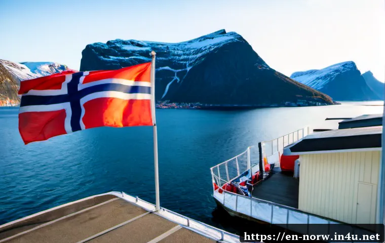 노르웨이와 EU의 관계 - Photorealistic wide-angle coastal scene in Norway, a modern government-style building and a Norwegia...