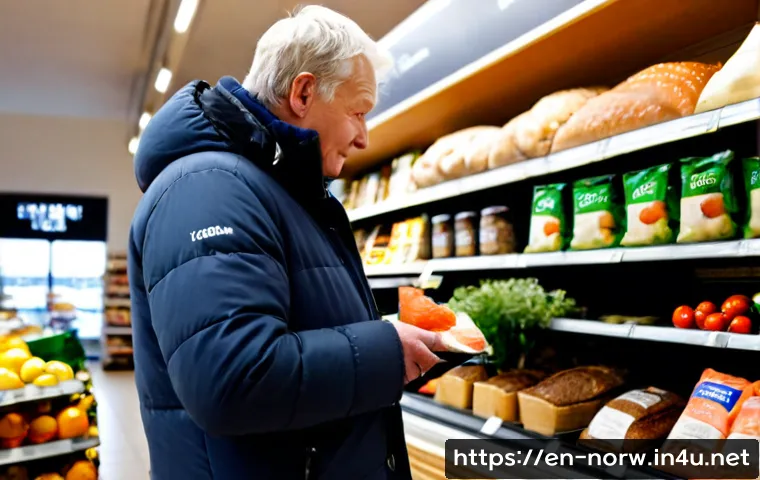 Home 17 노르웨이 슈퍼마켓과 식료품 물가 - Photorealistic Norwegian supermarket produce aisle, a middle-aged shopper in a warm winter coat comp...