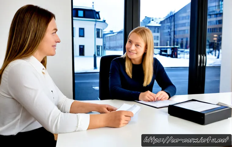 노르웨이 시민권 취득 조건 - Photorealistic immigration consultation in a bright modern office in Oslo, a diverse adult couple re...