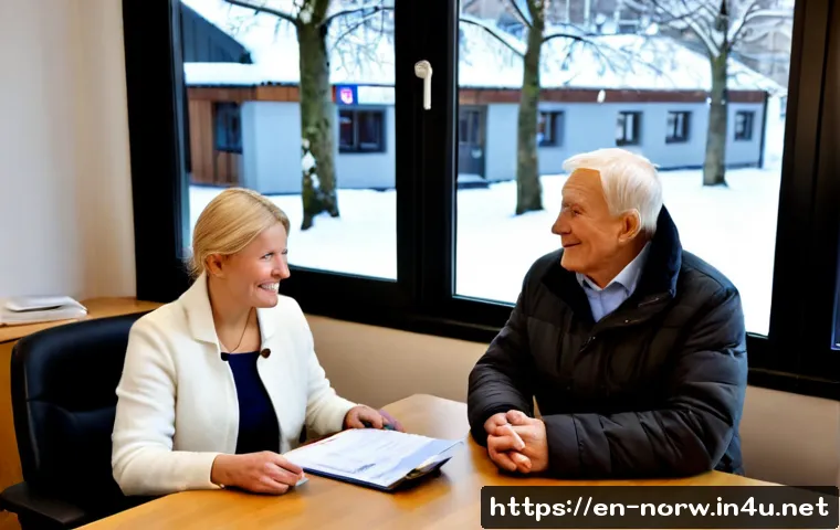 노르웨이 복지 시스템 - Photorealistic Norwegian public welfare scene, a friendly municipal social worker in a modest modern...